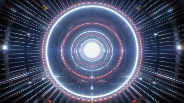 中心の眩しい光に向かって光の環が連なり圧倒的な奥行きと疾走感を見せるサイバー空間