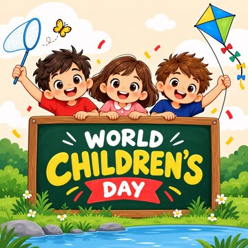 Happy children holding blackboard sign behind grass and pond celebrating day