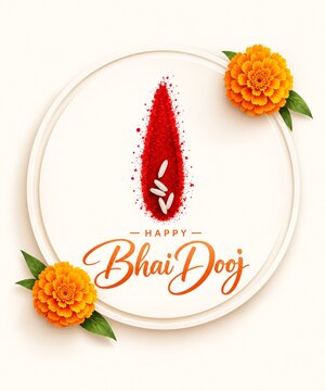 Red vermilion tilak with grains of rice and orange marigold flowers for bhai dooj