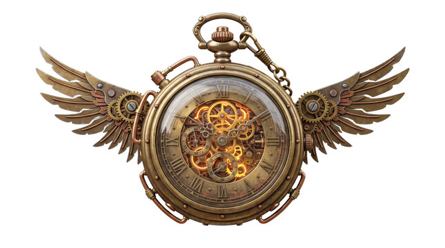 Steampunk pocket watch with mechanical wings on transparent background