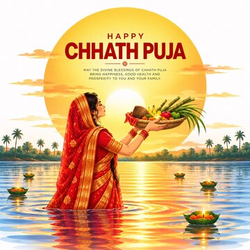 Woman holding fruit offering in river during chhath puja at sunset with festival