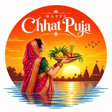 Circular badge design featuring woman praying by river during sunrise festival tradition hinduism