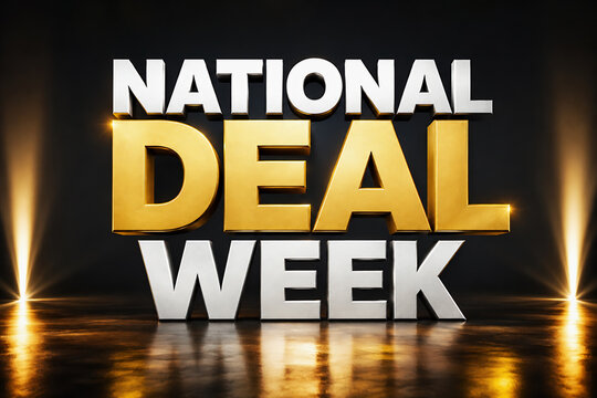 National Deal Week promotional 3D typography banner with golden and silver letters