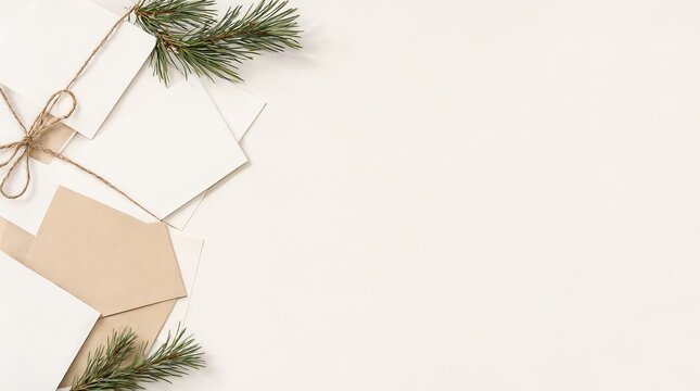 Minimalist Christmas Greeting Stationery Layout with Pine Branches and Blank Cards on Ivory Space.