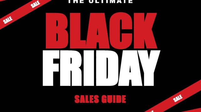 Motion graphic animation of The Ultimate Black Friday Sales Guide text with red ribbons on transparent background