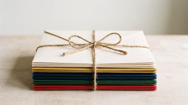 Stacked colored envelopes tied with twine on a wooden surface  