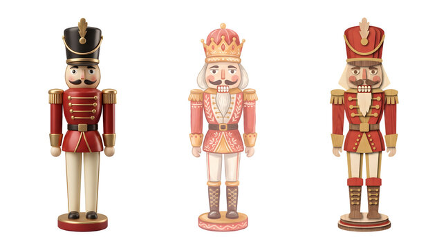 Three decorative christmas nutcracker figurines isolated on transparent background