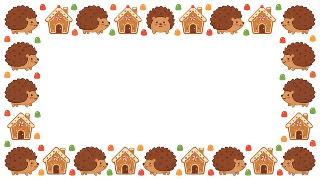 Cute Cartoon Hedgehog and Gingerbread House Christmas Border Frame Template