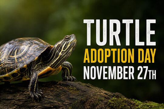 Turtle Adoption Day November 27th banner with a cute turtle on a log