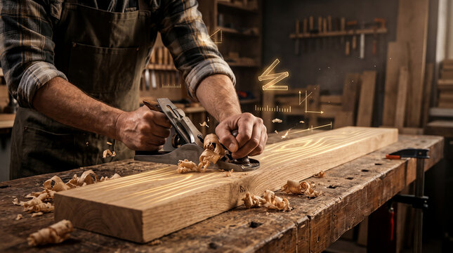 Craftsman planing a wooden plank with precision, guided by advanced holographic measuring tools