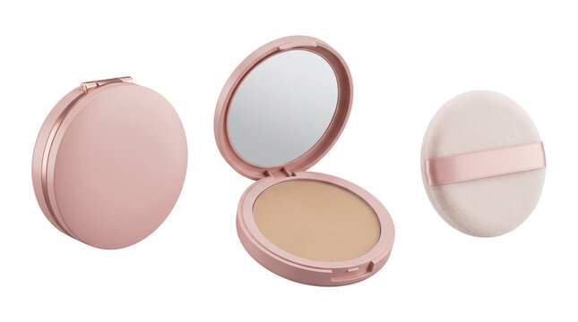 Round pink cosmetic powder compact case, open with mirror and beige pressed powder, and a separate soft white makeup puff applicator