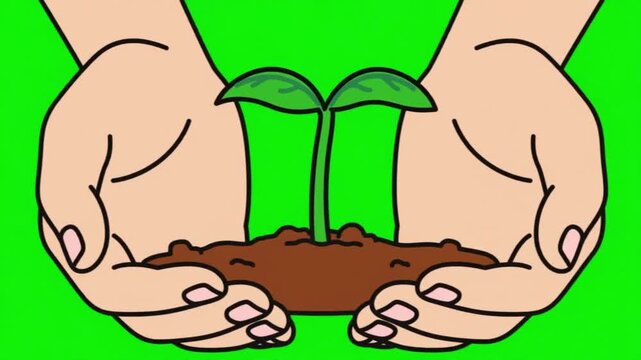 2D animated illustration of human hands gently cupping fertile soil with a small green seedling growing, isolated on a chroma key green background for environmental care and sustainability concepts.