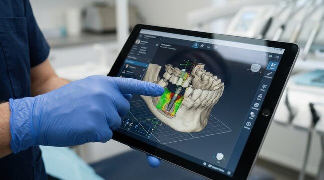 Dentist in blue gloves pointing at a 3D dental implant planning software on a digital tablet., ideal for dental technology and healthcare innovation.