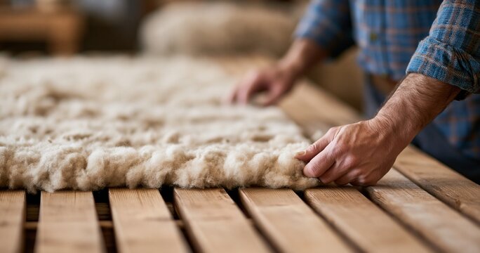 Hands arranging raw wool on wooden surface