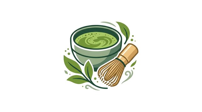 Vector illustration of traditional Japanese matcha green tea in a ceramic bowl with a bamboo chasen whisk and fresh tea leaves, isolated on a white background