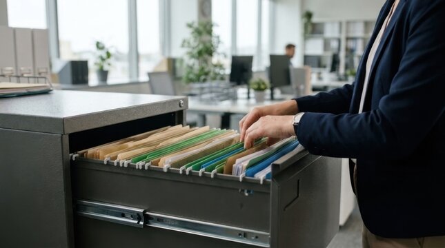 Office worker organizing folders in an open filing cabinet drawer, representing document management, record keeping, and corporate archiving efficiency.