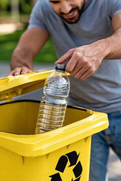 Man recycling a plastic bottle in a yellow bin