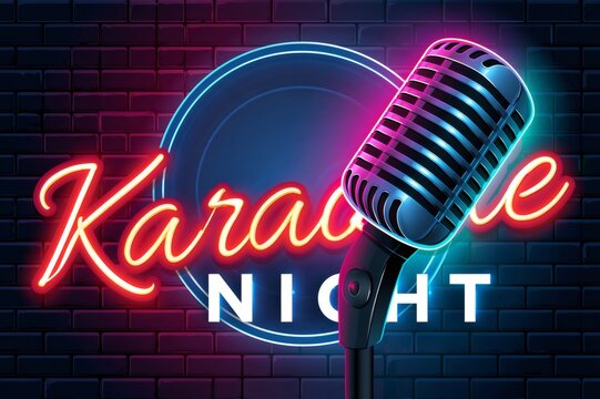 Karaoke night neon sign with vintage microphone