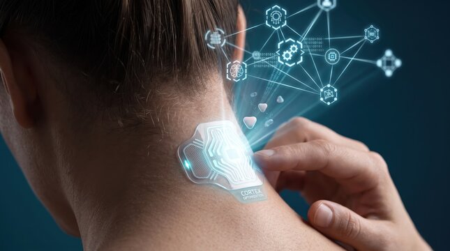 Futuristic brain-computer interface implant on neck, digital neural link technology, augmented reality network data visualization
