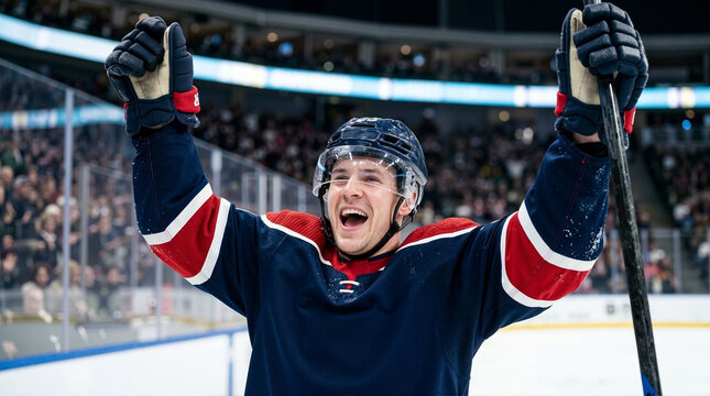 Excited ice hockey player raising arms in victory celebration on the rink. Professional sports goal scoring concept