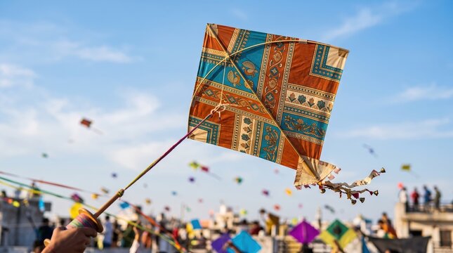 Close-up of diamond kite flying against blue sky. Makar Sankranti Indian harvest festival celebration outdoors