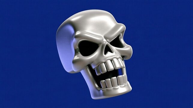 Shiny polished metallic silver cartoon style skull floating on solid deep vibrant blue plain background