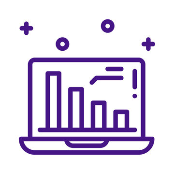 Purple outline icon of a laptop computer displaying business bar charts transparent background