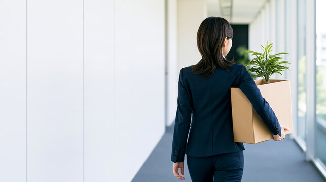 年度末 異動の日に観葉植物入りの段ボール箱を抱えて廊下を歩く女性会社員 後ろ姿