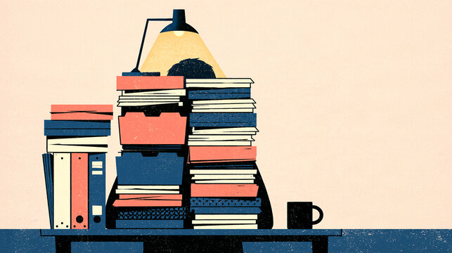 Tax season person hidden behind piles of folders and binders under a glowing desk lamp