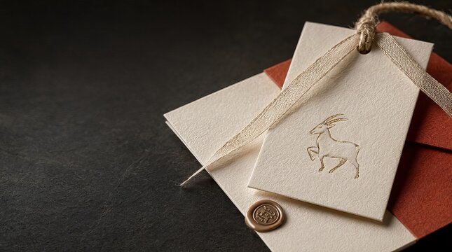 Luxury Stationery with Gold Foil Stamped Fire Goat Logo Design on Embossed Ivory Cardboard Label