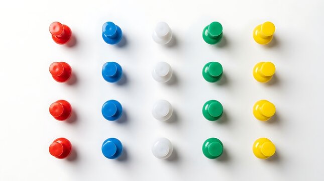 Colorful push pins arranged in neat vertical rows on a clean white background showing red blue white green and yellow plastic stationery items for office organization