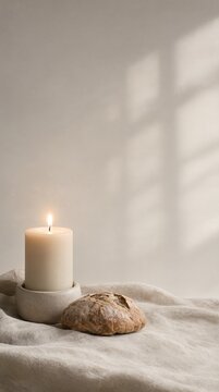 Minimalist Lent Still Life Featuring Freshly Baked Bread and an Iconic Glowing Candle on Linen