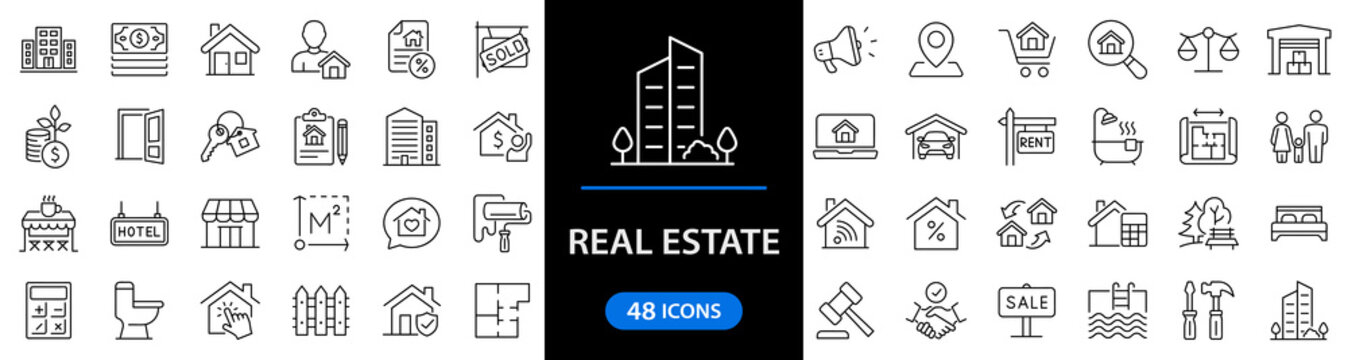 Real Estate  set of web icons in line style. Realty icons for web and mobile app. Purchase and sale of housing, property, rental premises, insurance, realty, home loan, mortgage and more