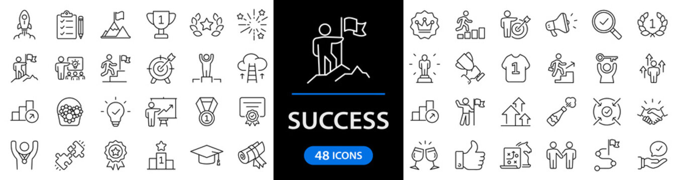 Success set of web icons in line style. Goals and Target icons for web and mobile app. Competition, awards, achievement, laurel branch, reward, winner, motivation, aim, plan and process
