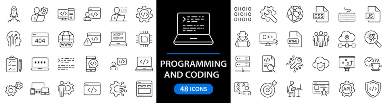 Programming coding set of web icons in line style. Software development icons for web and mobile app. Code, api, programmer, developer, information technology, coder and more. Vector illustration