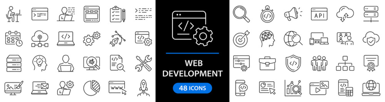 Web development set of web icons in line style. Developer icons for web and mobile app. Code, api, programmer coding, app, flow, node connect, web coder, bug fix and more. Vector illustration