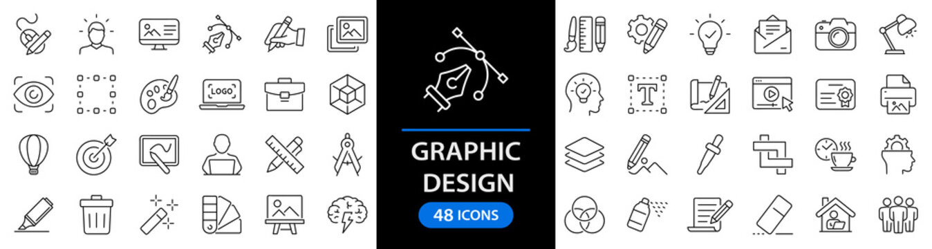 Graphic Design set of web icons in line style. Graphic design icons for web and mobile app. Digital art, creativity, tools, drawing, portfolio, creative process. Vector illustration
