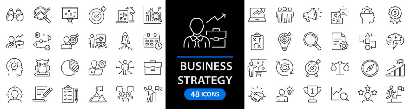 Business strategy set of web icons in line style. Business solutions icons for web and mobile app. Action List, research, solution, team, marketing, startup, advertising, business process, management