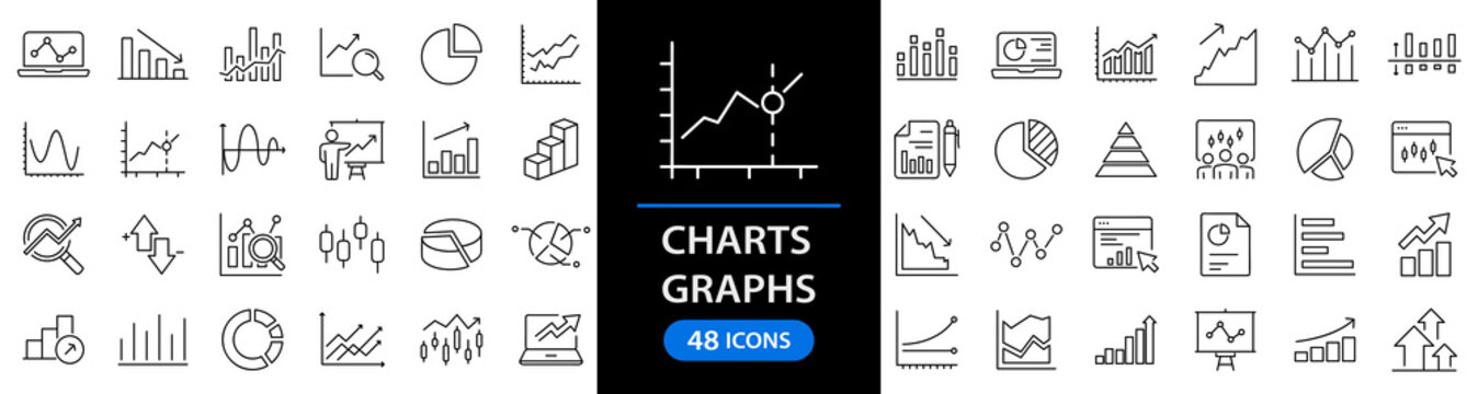 Graphs and Graphs set of web icons in line style. Charts and diagram icons for web and mobile app. Business infographic, charts, statistics, growth, growing bar graph and more. Vector illustration