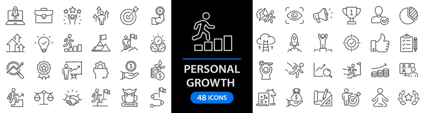 Personal growth and success set of web icons in line style. Growth andsuccess icons for web and mobile app. Growth profit, career progress, business people, strategy, coaching, tutorship, success