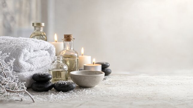 Minimalist winter spa and wellness composition with fluffy towels candles and black basalt stones.