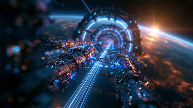 Futuristic Space Station Orbiting Planet in Outer Space