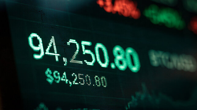 Bitcoin Price Ticker Displaying Record High on Digital Screen