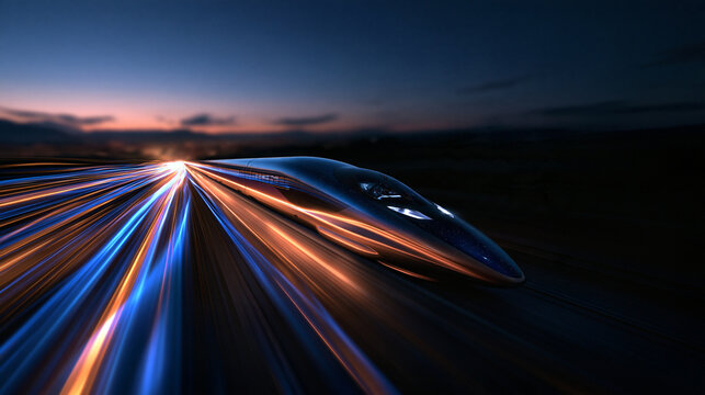 Futuristic High Speed Train Moving Fast at Twilight