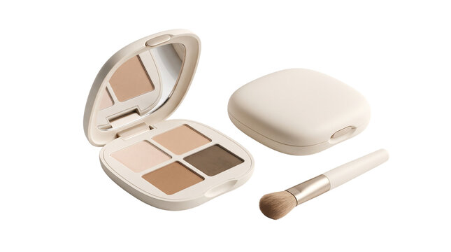 Minimalist eyeshadow palette with neutral nude tones, professional makeup compact with mirror and brush, cosmetic beauty products for skincare routine
