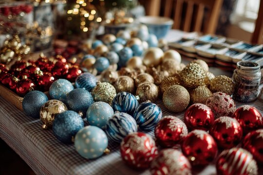 Festive tabletop arrangement of shiny baubles and lush garlands for seasonal home decor