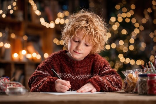 A young child writes a heartfelt Christmas wish list at a cozy desk illuminated by golden light