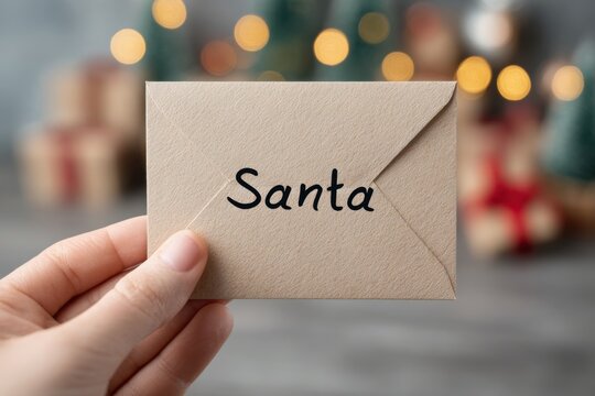 A little hand presents a festive envelope addressed to Santa Claus against a softly blurred background