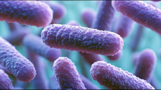 Rod shaped bacteria with textured surfaces appear among other microbes in a magnified laboratory sample, with no clear change in activity.