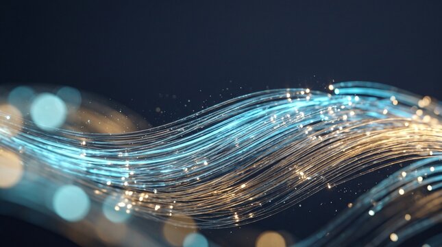 Fiber optic cables glowing with data transmission lines against a dark digital background.